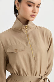 Modal Dress with Collar Detail and Belt - Mink
