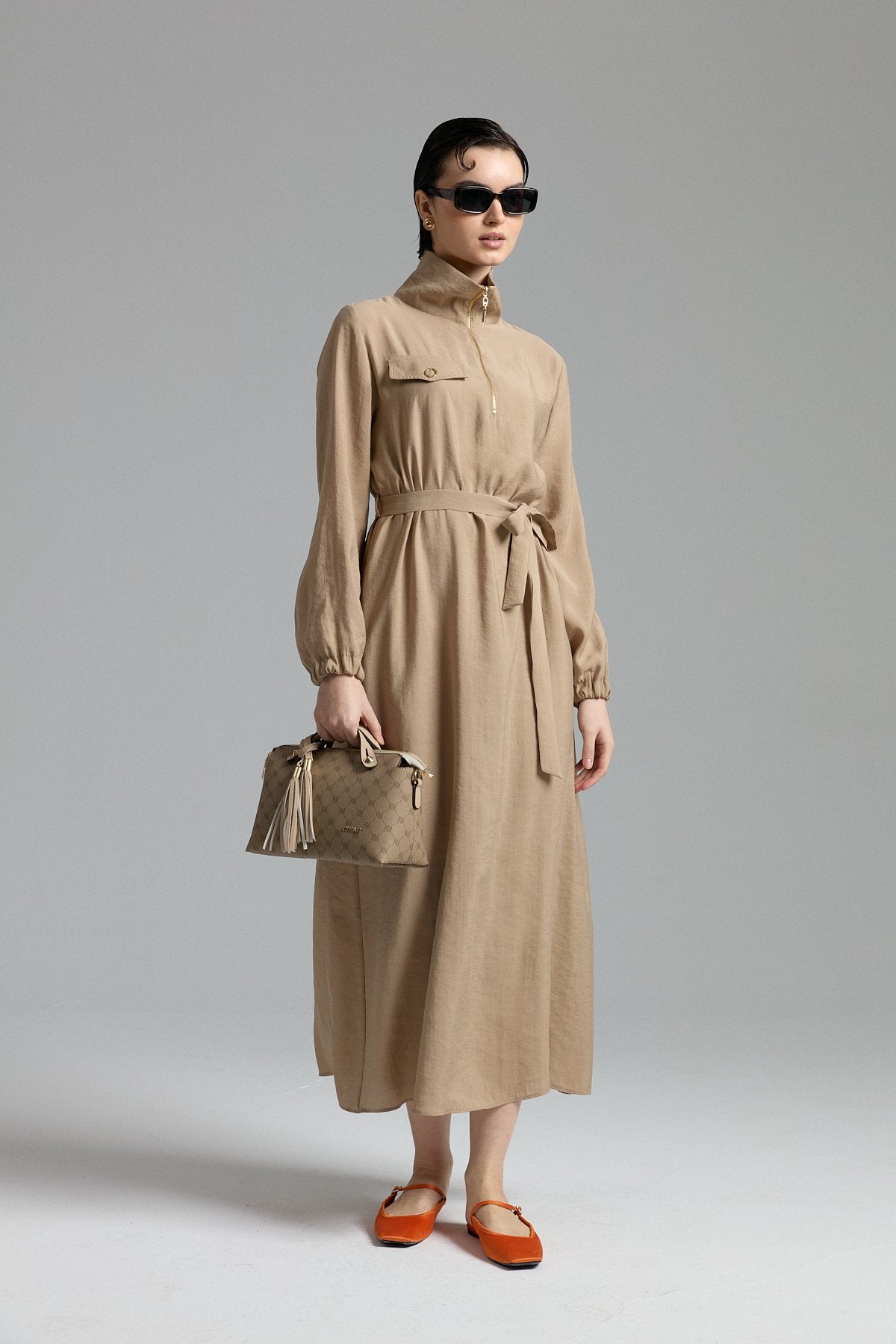 Modal Dress with Collar Detail and Belt - Mink