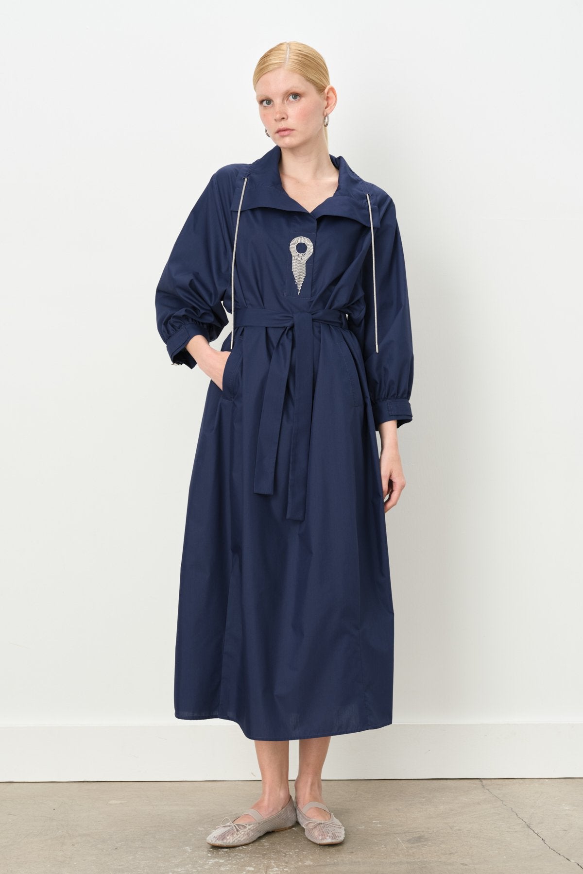 Cotton Dress with Collar Detail and Belt - Navy Blue