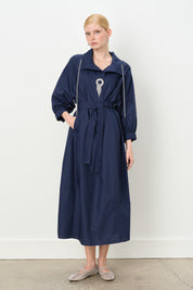 Cotton Dress with Collar Detail and Belt - Navy Blue