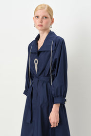 Cotton Dress with Collar Detail and Belt - Navy Blue