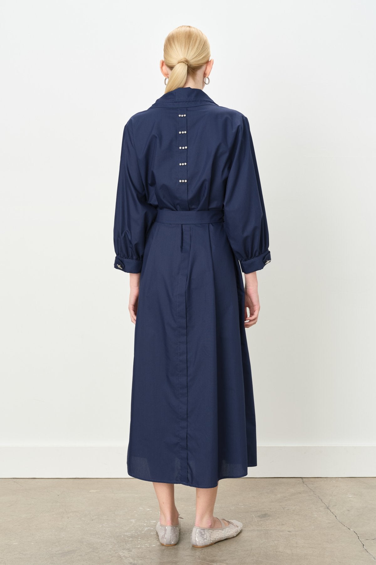 Cotton Dress with Collar Detail and Belt - Navy Blue