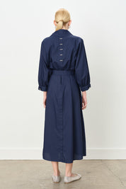 Cotton Dress with Collar Detail and Belt - Navy Blue
