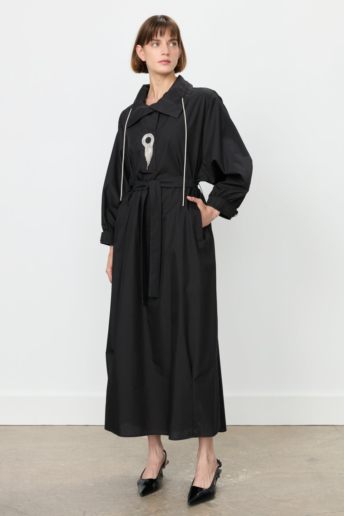 Cotton Dress with Collar Detail and Belt - Black