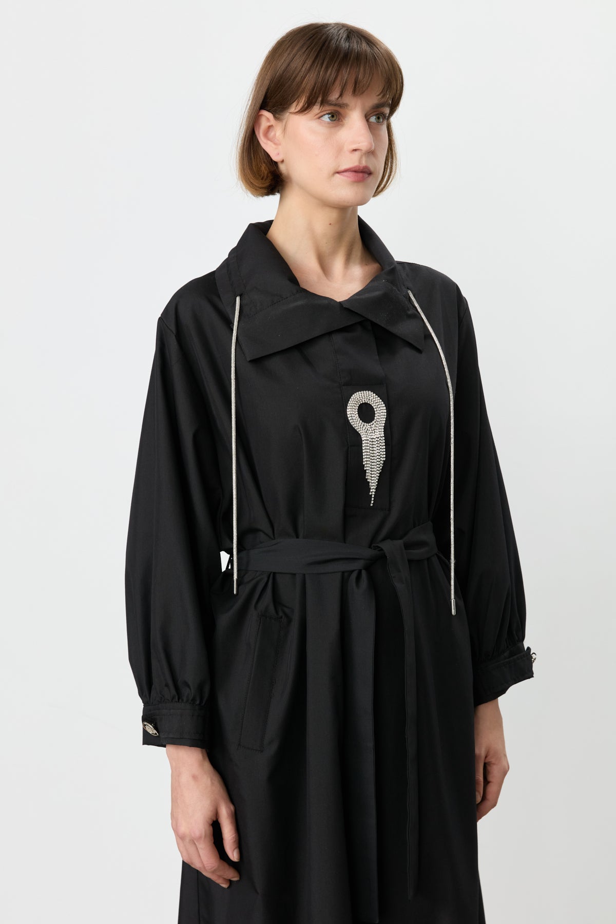 Cotton Dress with Collar Detail and Belt - Black