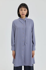 Tunic with Collar Detail and Gathered Cuffs - Grey Blue