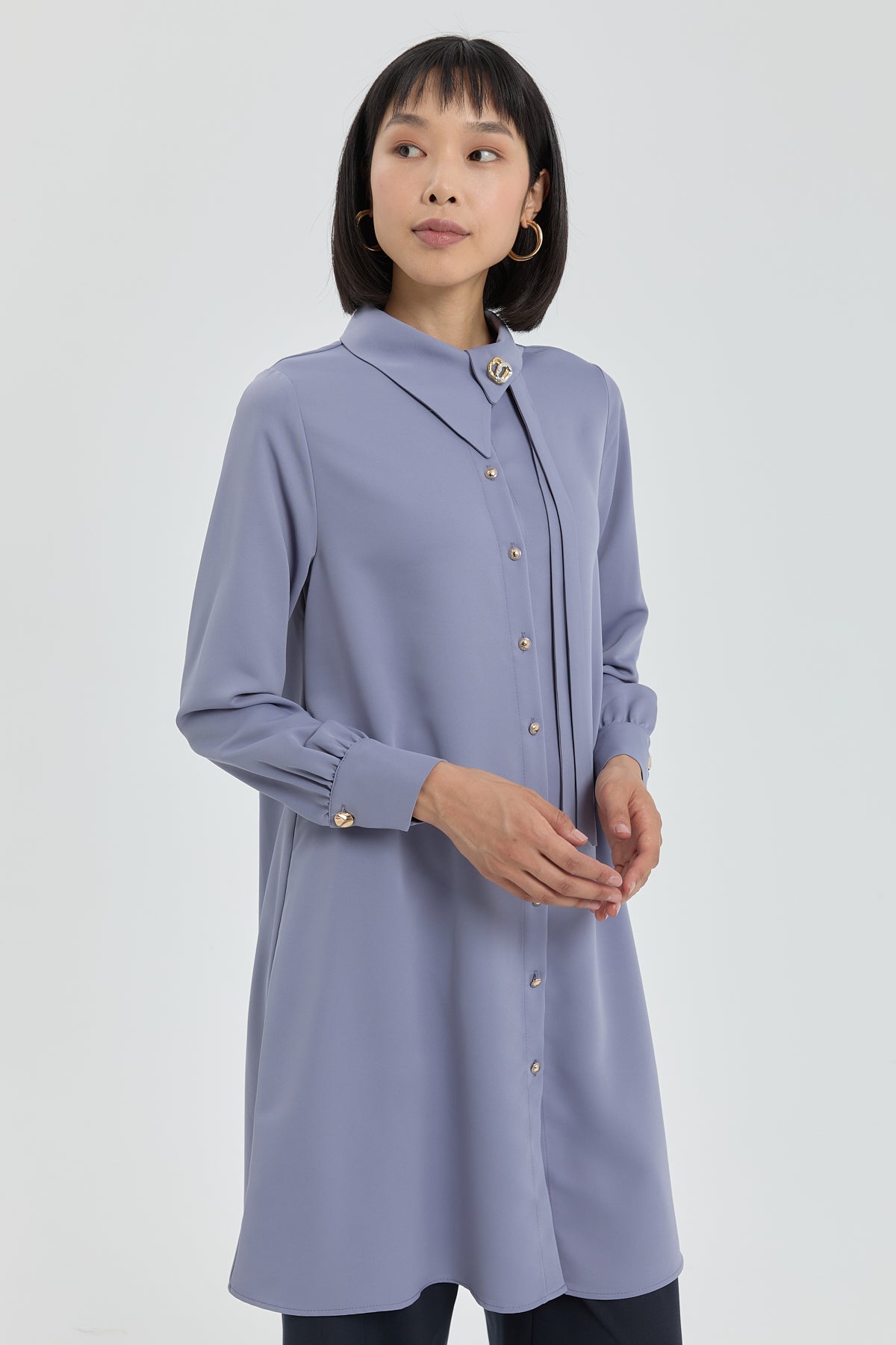 Tunic with Collar Detail and Gathered Cuffs - Grey Blue