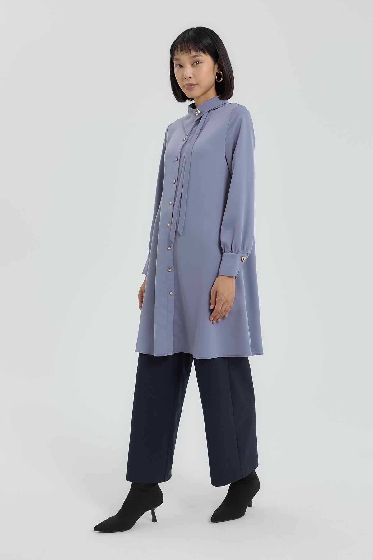 Tunic with Collar Detail and Gathered Cuffs - Grey Blue