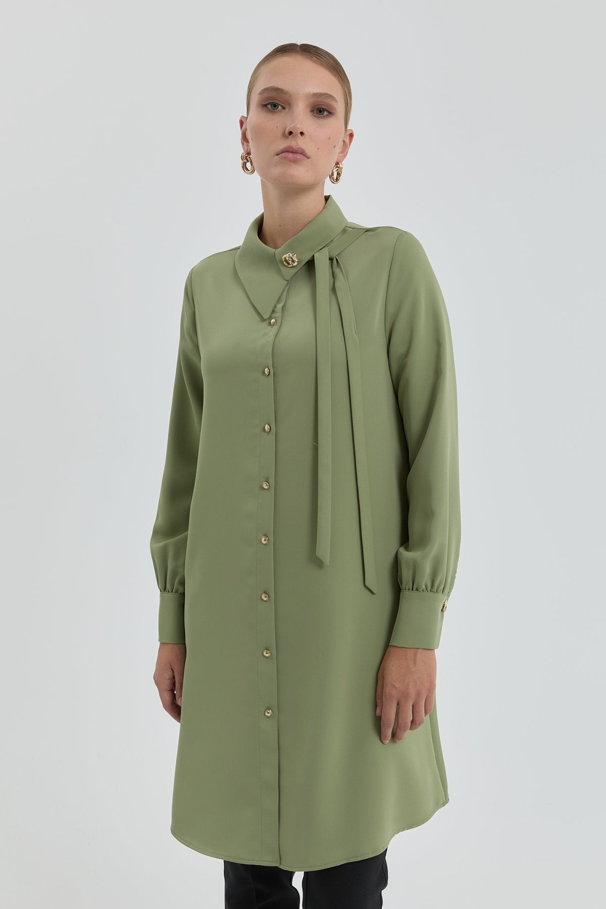 Yaka Detaylı Manşeti Büzgülü Tunik - Olive