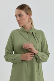 Yaka Detaylı Manşeti Büzgülü Tunik - Olive