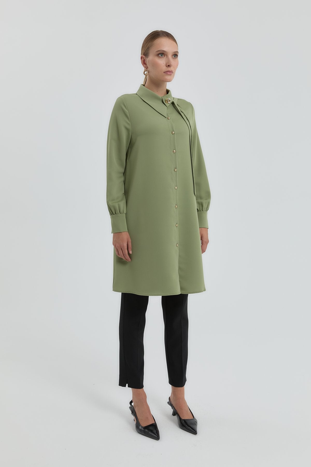 Yaka Detaylı Manşeti Büzgülü Tunik - Olive