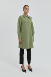 Yaka Detaylı Manşeti Büzgülü Tunik - Olive
