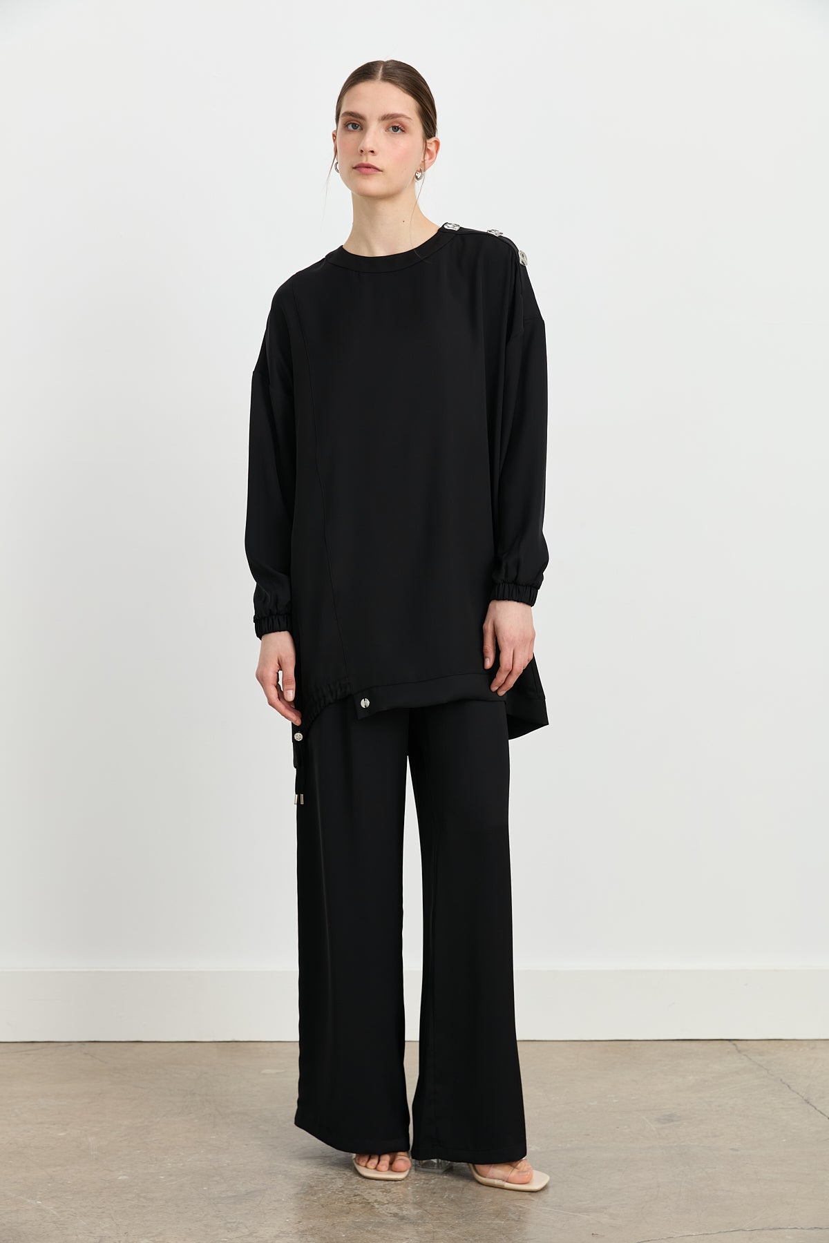 Collar Detail Pants and Tunic Set - Black