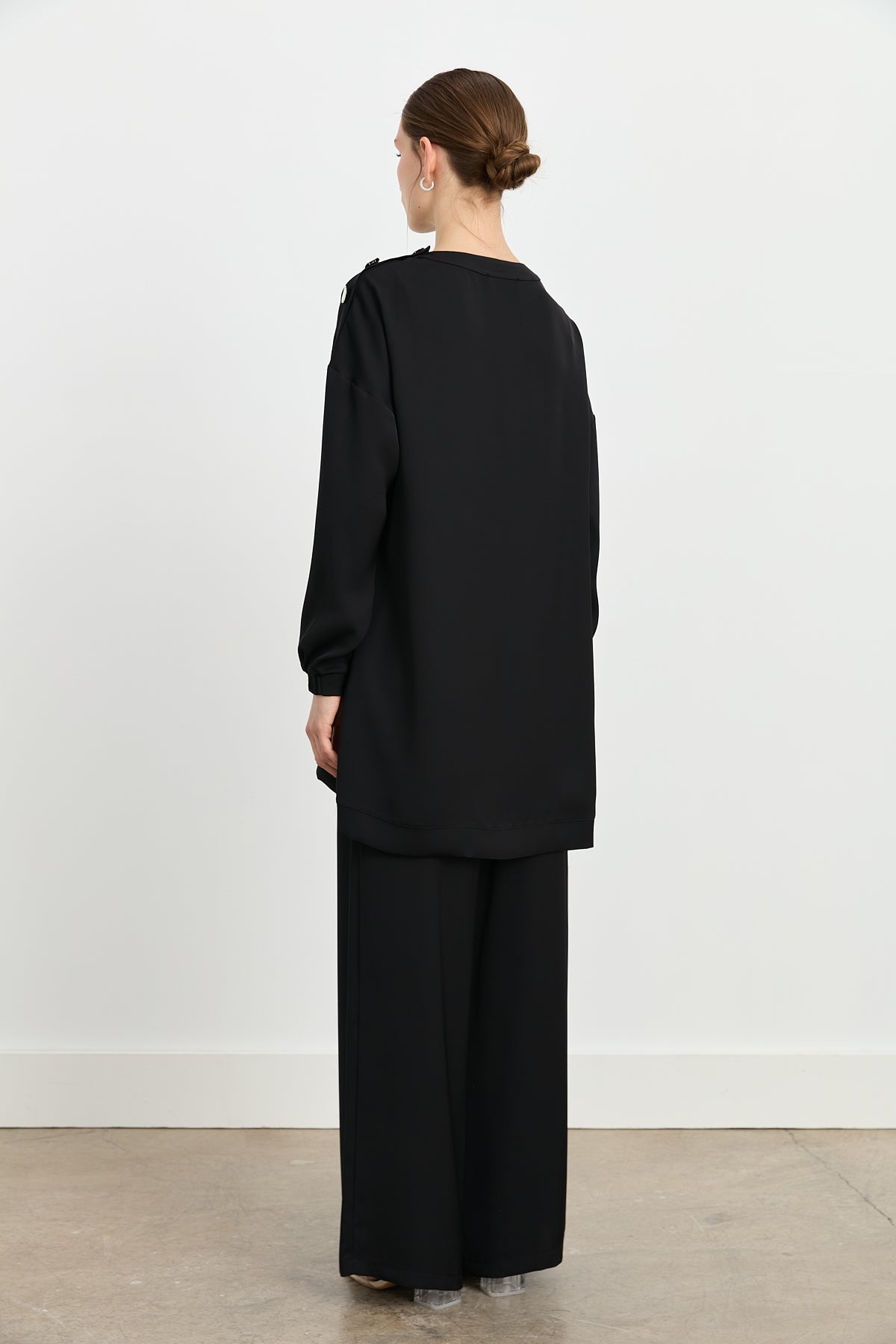 Collar Detail Pants and Tunic Set - Black