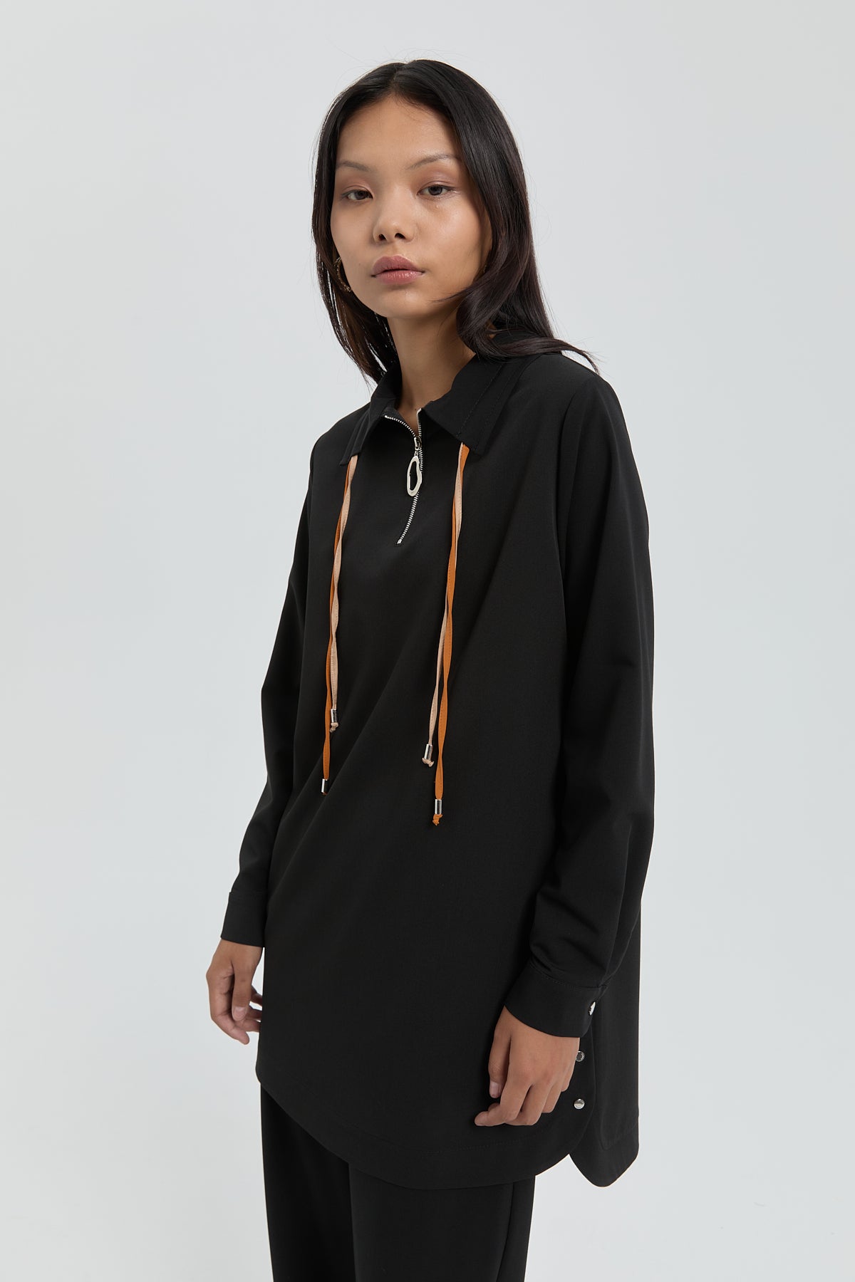 Collar Detail Pants and Tunic Set - Black