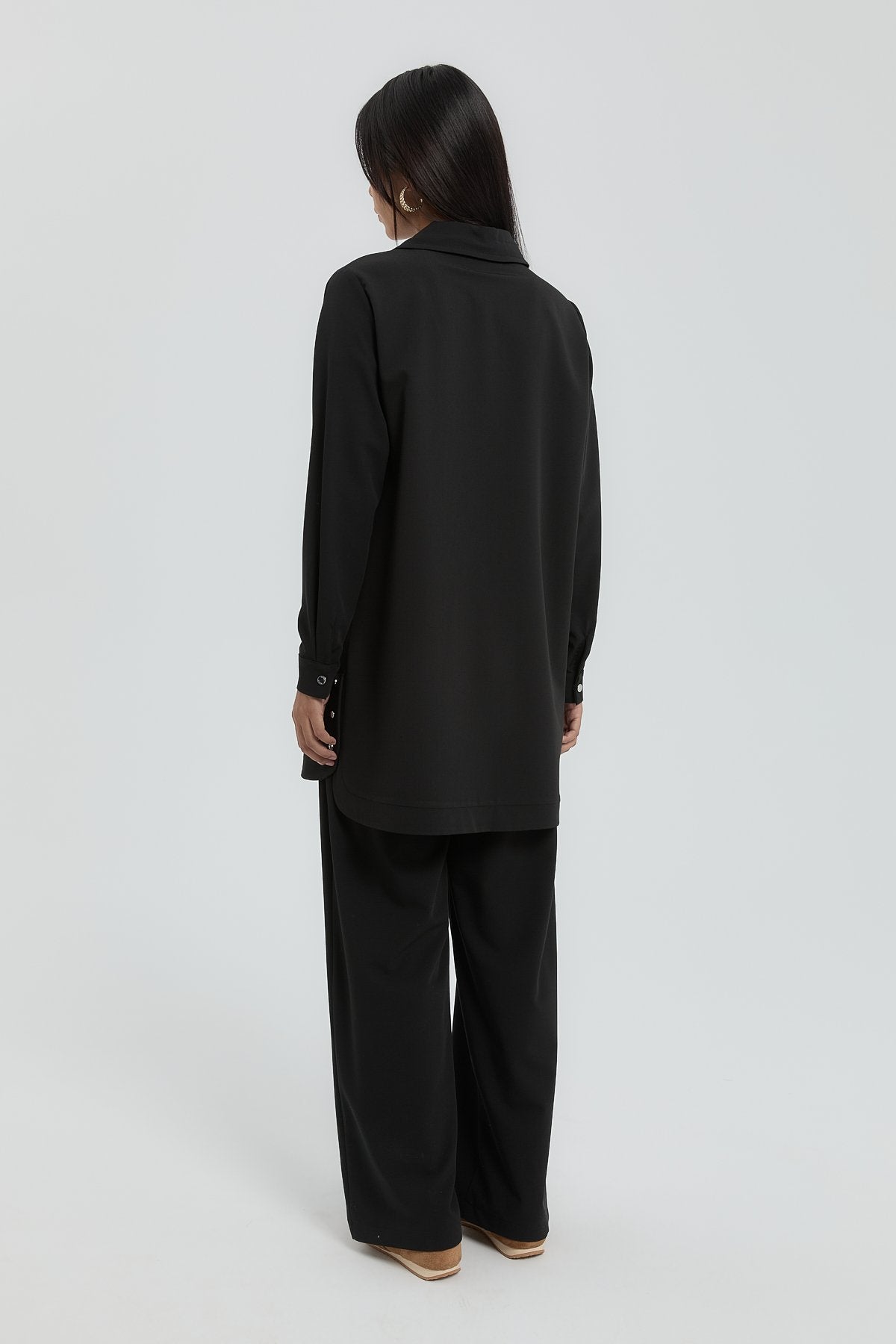 Collar Detail Pants and Tunic Set - Black