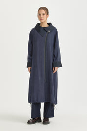 Relaxed Fit Lyocell Cape with Collar Detail - Navy Blue