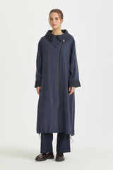 Relaxed Fit Lyocell Cape with Collar Detail - Navy Blue