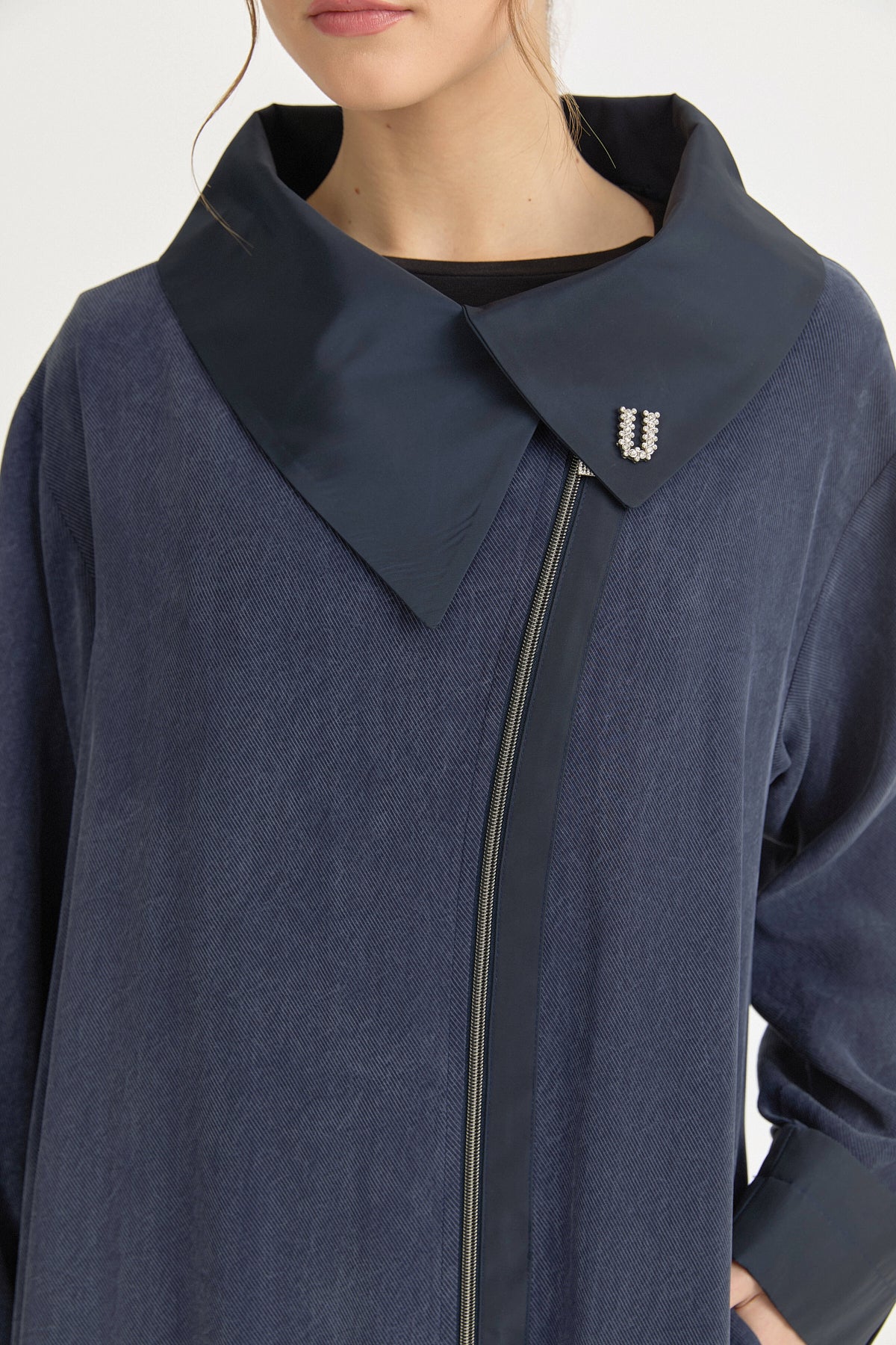 Relaxed Fit Lyocell Cape with Collar Detail - Navy Blue