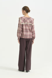 Yakası Bağlama Detaylı Ekose Pamuklu Bluz - Mürdüm