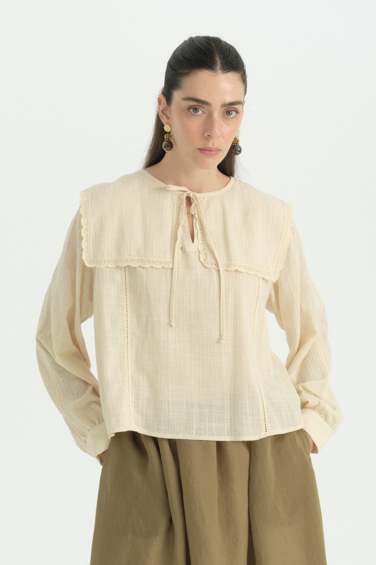 Cotton Blouse with Tie-Neck Detail - Cream