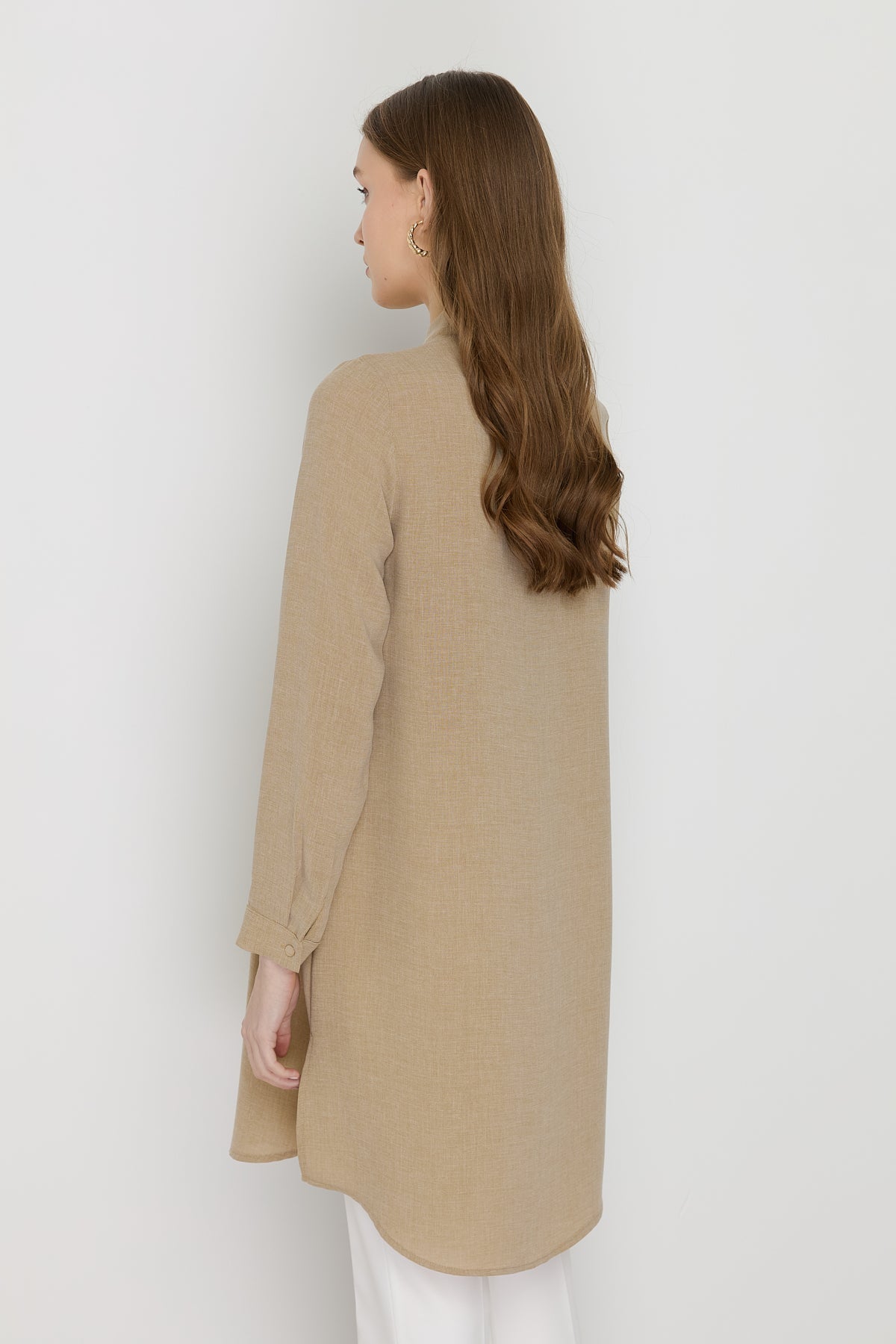 Yakası Bağlamalı Basic Tunik - Bej