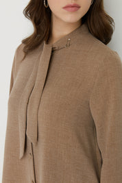 Yakası Bağlamalı Basic Tunik - Camel