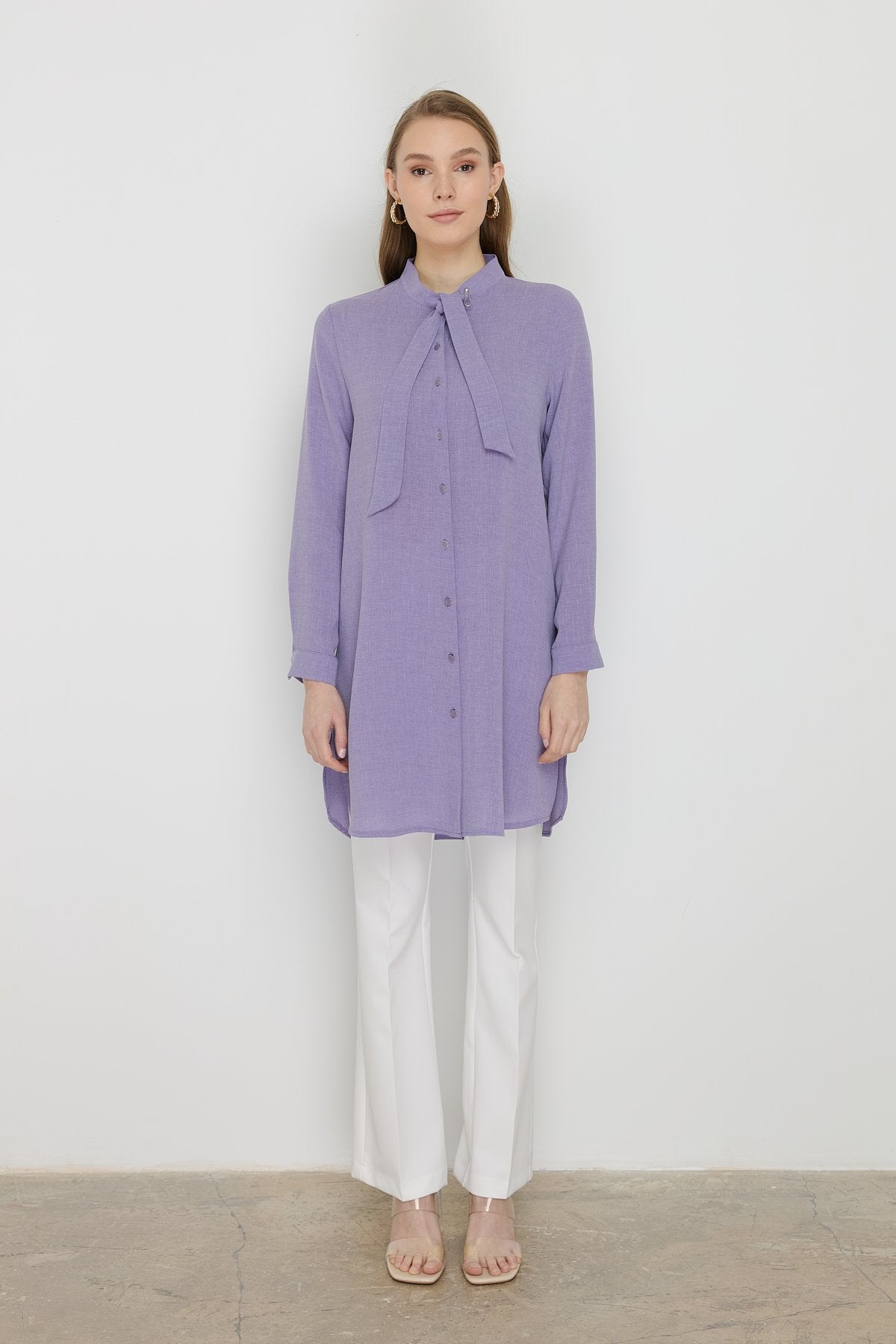 Yakası Bağlamalı Basic Tunik - Lila