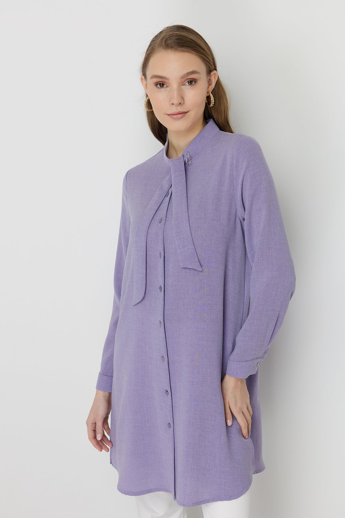 Yakası Bağlamalı Basic Tunik - Lila