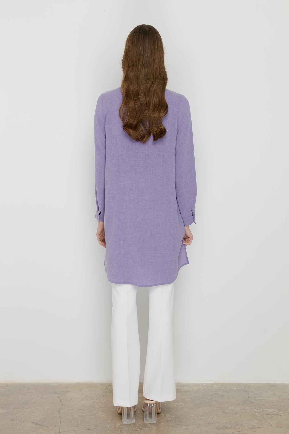 Yakası Bağlamalı Basic Tunik - Lila