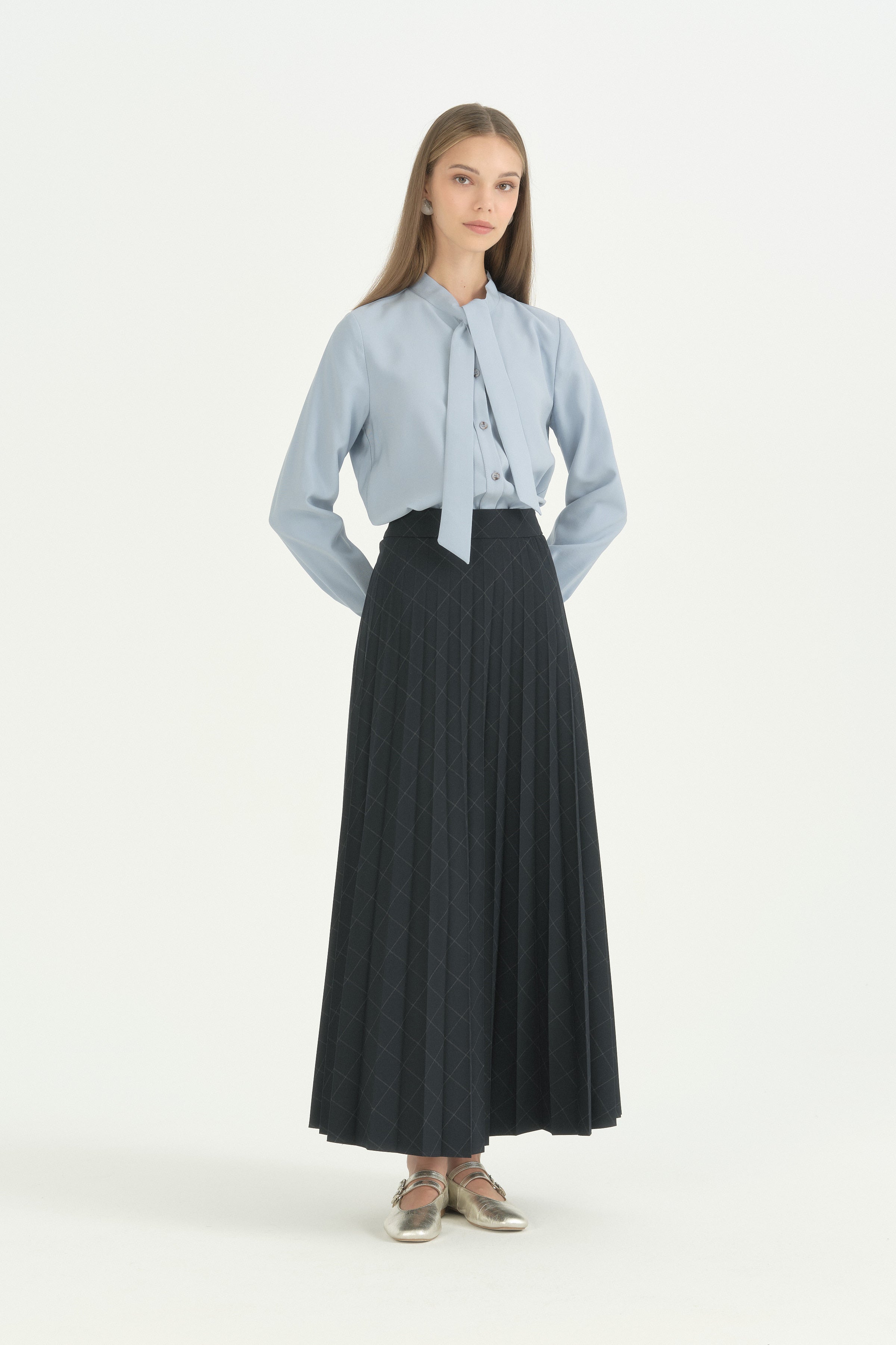 Yakası Bağlamalı Tencel Gömlek - Açık Mavi