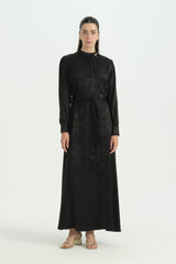 Gathered Neck Brooch Detail Jacquard Dress - Black