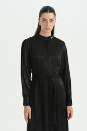 Gathered Neck Brooch Detail Jacquard Dress - Black