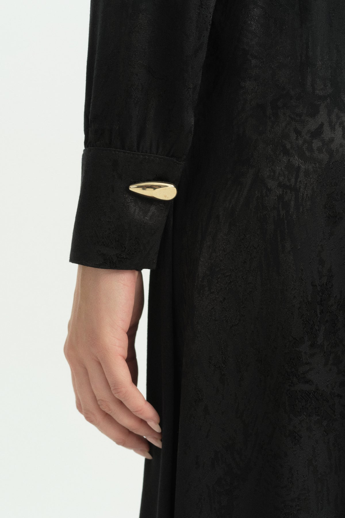 Gathered Neck Brooch Detail Jacquard Dress - Black