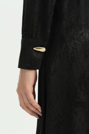 Gathered Neck Brooch Detail Jacquard Dress - Black