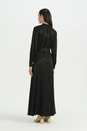Gathered Neck Brooch Detail Jacquard Dress - Black