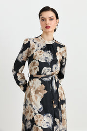 Ruched Neckline Belted Printed Dress - Black