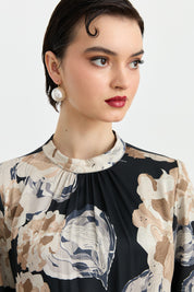 Ruched Neckline Belted Printed Dress - Black