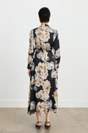 Ruched Neckline Belted Printed Dress - Black