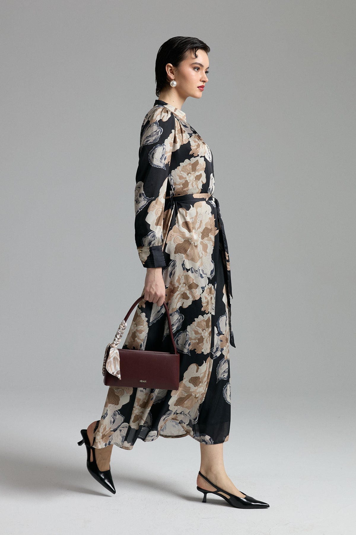Ruched Neckline Belted Printed Dress - Black