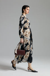Ruched Neckline Belted Printed Dress - Black