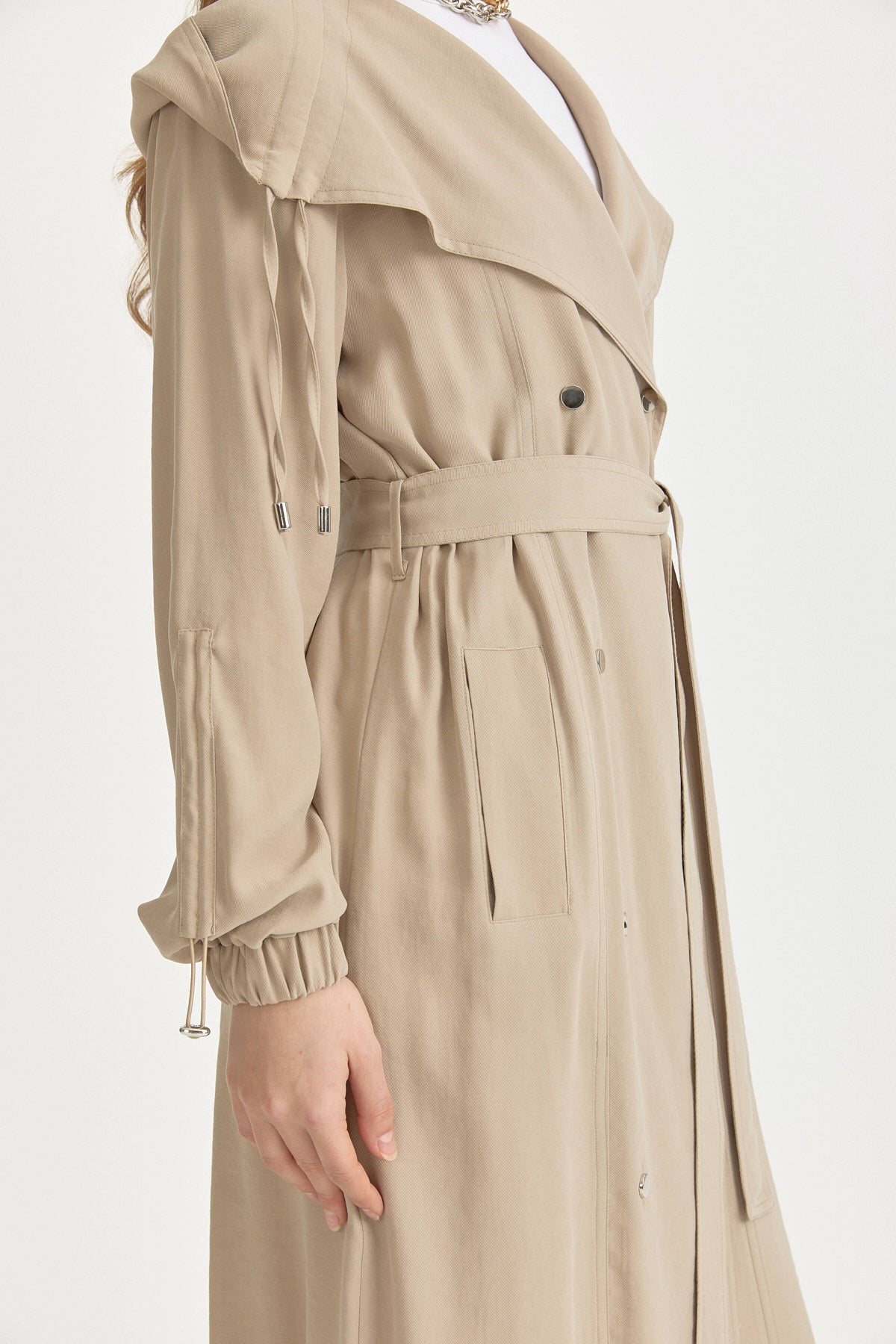 Gathered Neck Belted Crossover Modal Cape - Beige