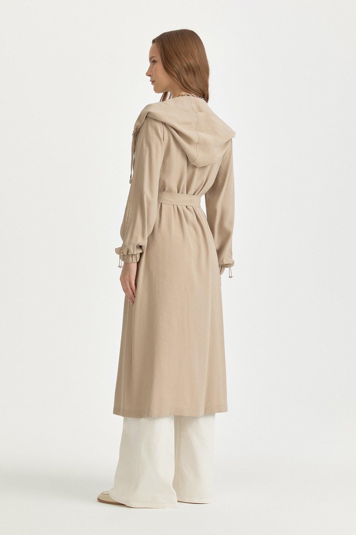 Gathered Neck Belted Crossover Modal Cape - Beige