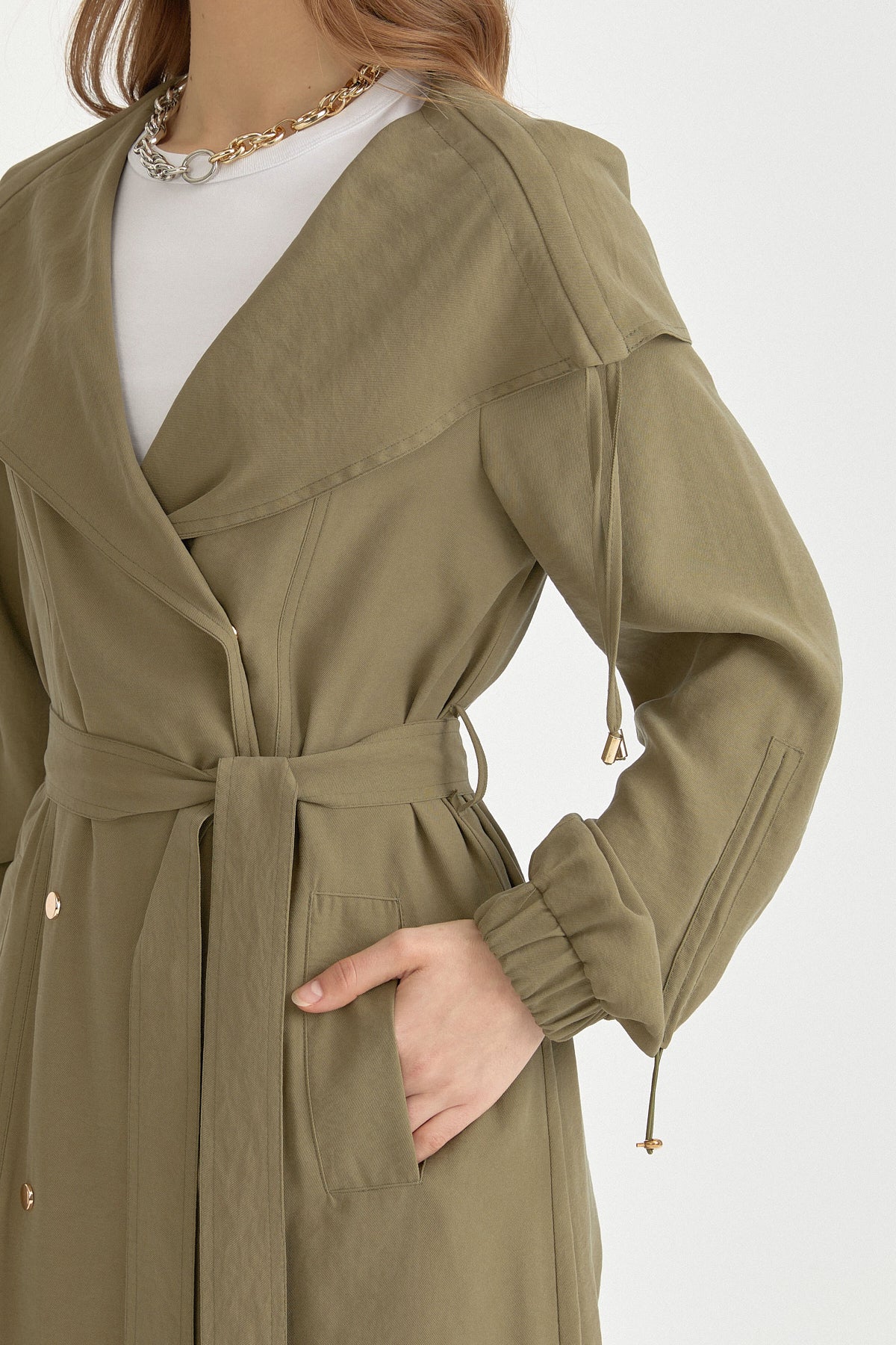 Belted Wrap Modal Cape with Gathered Collar - Khaki