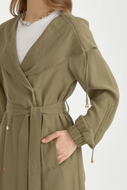 Belted Wrap Modal Cape with Gathered Collar - Khaki