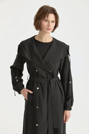 Pleated Collar Belted Wrap Modal Cover-up - Black
