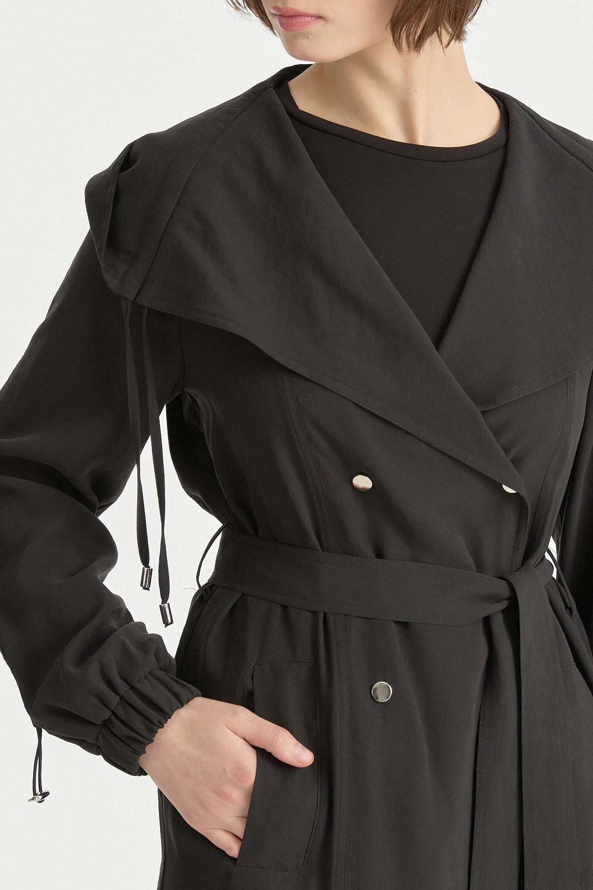 Pleated Collar Belted Wrap Modal Cover-up - Black