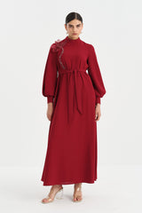 Dress with Floral and Stone Embellished Neckline - Burgundy