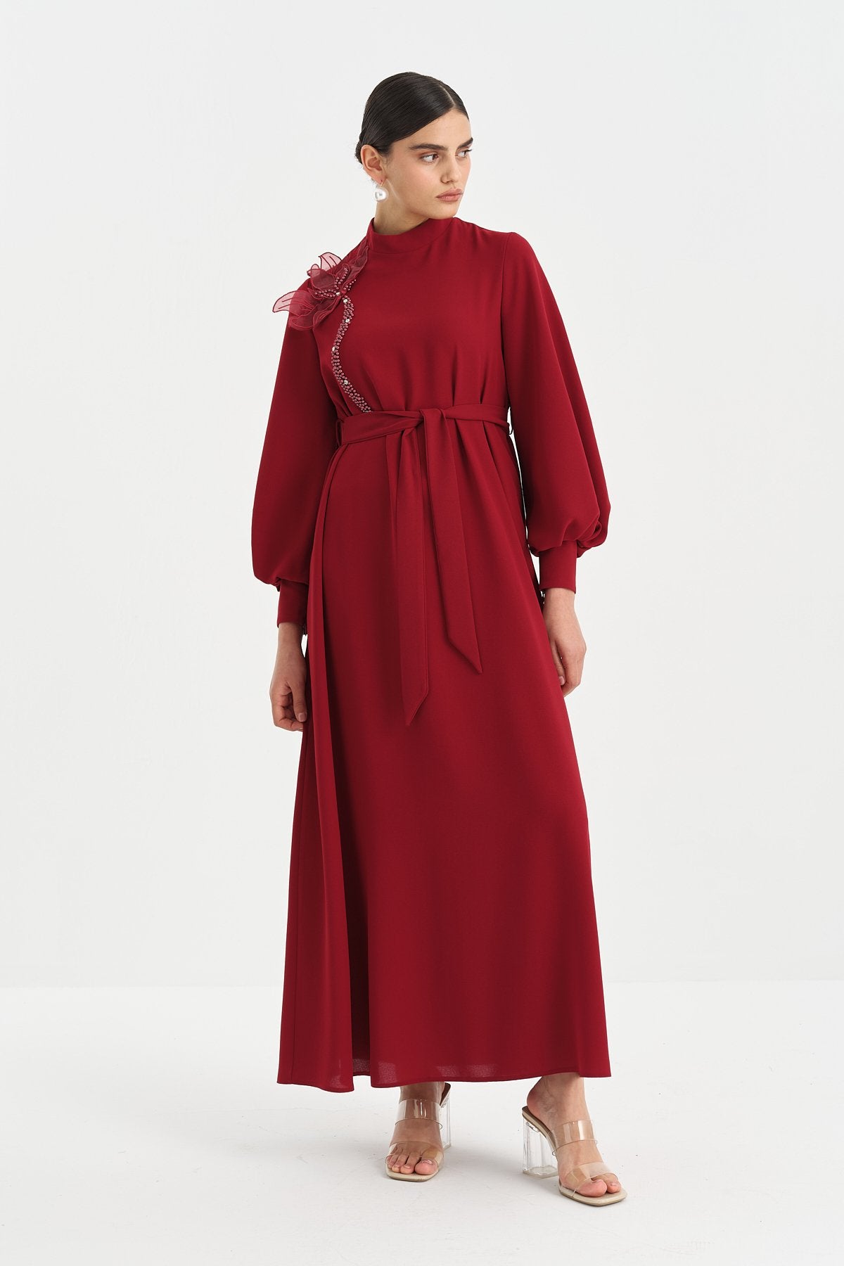 Dress with Floral and Stone Embellished Neckline - Burgundy