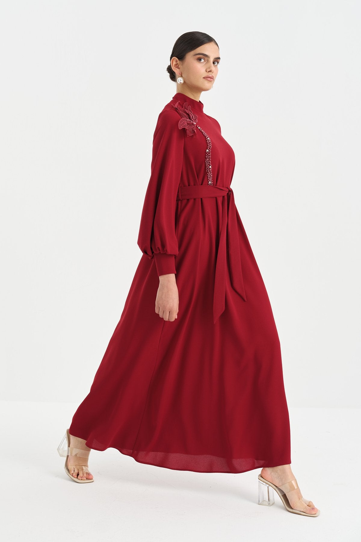 Dress with Floral and Stone Embellished Neckline - Burgundy